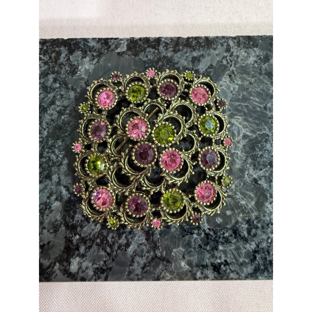 Vintage Sarah Coventry Brooch Pink & Green Rhinestones  Ornate Gold-Tone Floral